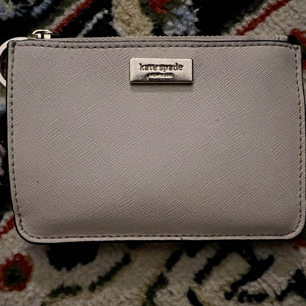 Kate Spade Cream Black Saffiano Leather Zip Card Key Chain Coin Wallet Pouch